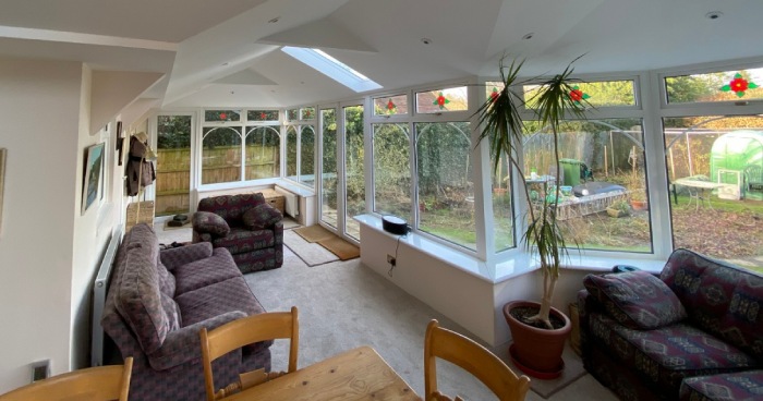 Living and dinning area after conservatory transformation to open plan living